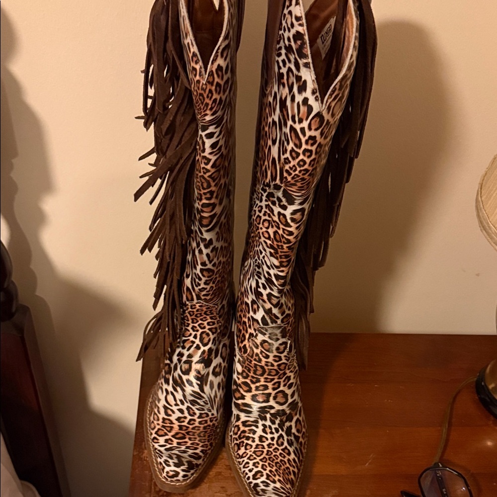 Dingo Wild Leopard Heeled Boots with Fringe